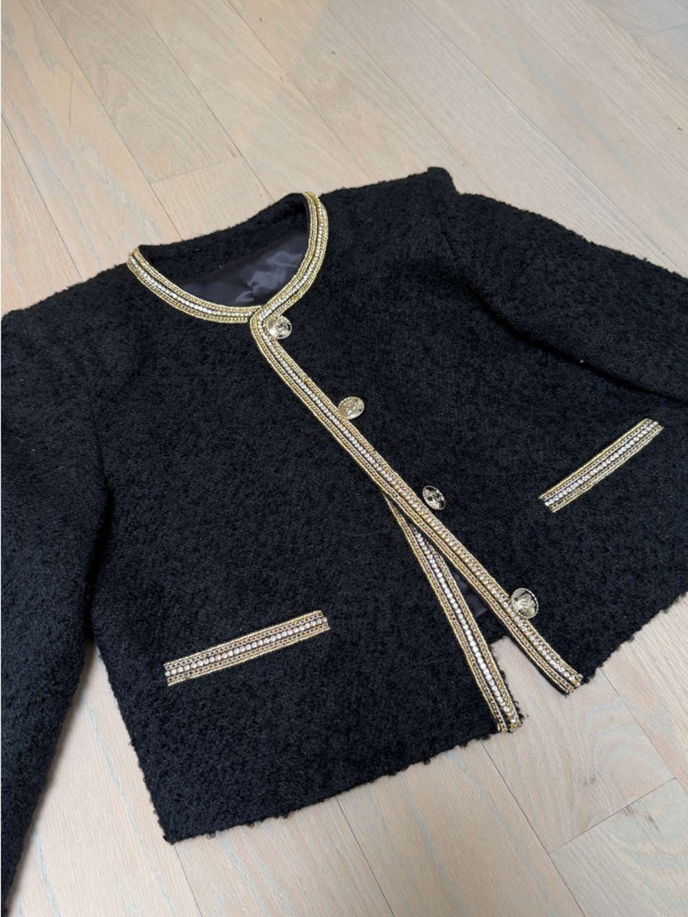 Black Bouclé Cropped Blazer with Gold Trim & Crystal Buttons